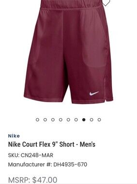 Nike Court Flex 9" Tennis Shorts Pockets Red Burgundy DH4935-670 Mens L NEW